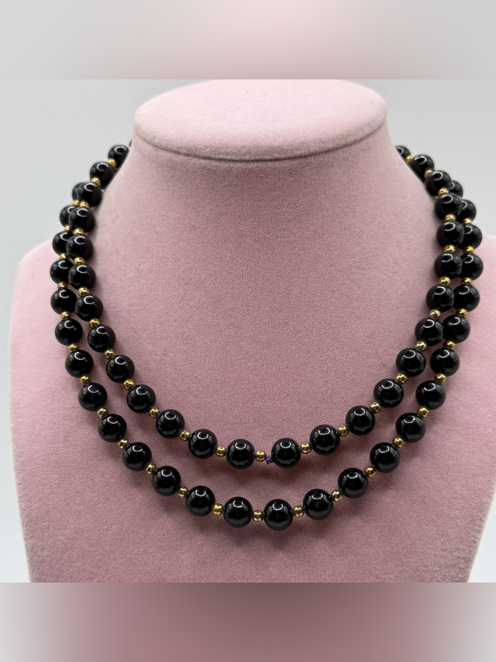 Long blue sunstone Bead Strand Necklace with Gold Accents